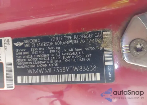 2009 Mini Cooper S from USA, damaged, VIN WMWMF73589TW83638